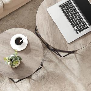 Set di Tavolini <span class=keywords><strong>da</strong></span> Caffè Rotondi Moderni Industriali con Base in Metallo Nero e Struttura in Legno e Metallo per Soggiorno - Product Image 5