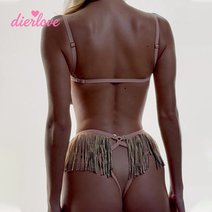 Ensemble de soutien-gorge à franges et sequins couleur champagne Dierlove avec string taille haute, lingerie de soirée pour femmes, lingerie sexy de haute qualité - Product Image 4