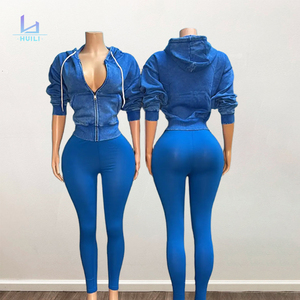 Huili tinta unita abiti in bianco logo personalizzato Vintage Activewear Y2k acido lavaggio Zip up con cappuccio e Leggings due pezzi da donna Set felpa con cappuccio - Product Image 3