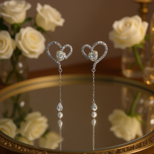 Orecchini Pendenti in Cristallo Taglio Cuore Bianco Champagne, Montatura in Argento 925, Gioielli Romantici da Sposa per Donne - Product Image 2