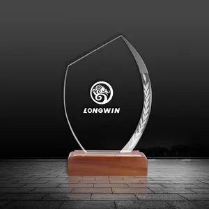 Trofeo de cristal con diseño personalizado grabado, regalo de negocios, con Base de madera