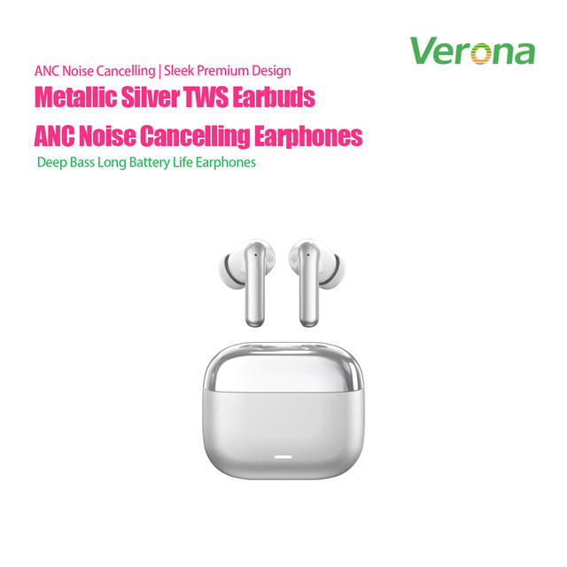 Silver Metallic TWS Wireless Earbuds 5.3 ANC Noise Cancelling Earphones In-Ear Stereo Headphones Charging Case IPX-4 Waterproof