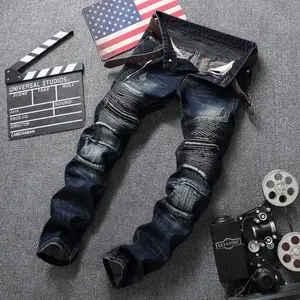 Calça jeans masculina skinny empilhada para homens, calça jeans rasgada e desgastada em alta qualidade, azul