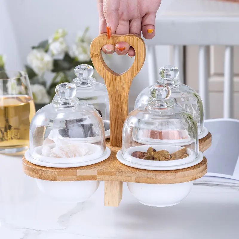 Scandinavische Stijl Keramische Brood Droog Fruit Snack Tray Set Met Bamboe Houten Handvat Hotel Doek Salade Ijs Kom Blokjes cup