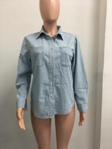 薄款垂褶棉女式水洗覆盖牛仔衬衫上衣Sehe时尚 - Product Image 4