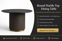 Table à manger ronde en marbre, fabrication directe d'usine, base cylindrique en chêne cannelé moderne, accent doré, plateau en pierre de luxe, utilisation hôtelière, 6 places