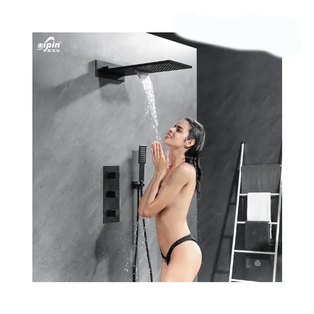 סיפון כלי עיצוב מודרני מותקן בתוך קיר סט מקלחת סמוי זהב שחור ברזי מקלחת גשם סט מקלחת גשם מפל מים