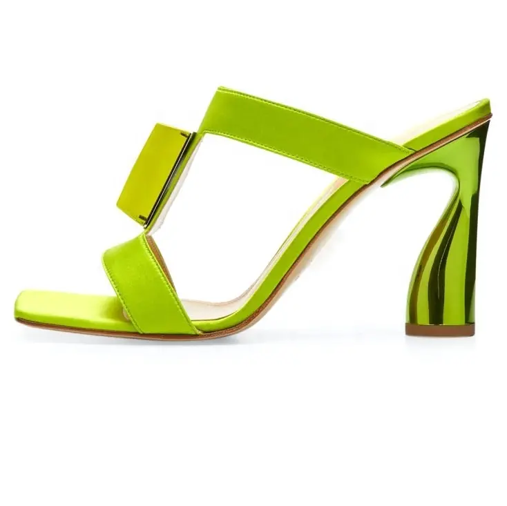 ENMAYER 2023 high heel party shoes designer green satin square toe block heel dress sandals summer women mules