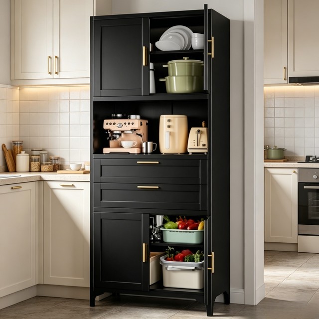 Modern Kitchen Pantry Cabinet Drawers Tall Freestanding Storage Cupboard Large Capacity Food Organizer Unit for Dining Room