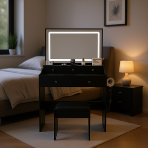 Moderno Set de Tocador Negro con 5 Cajones, Espejo Grande con Iluminación, Enchufe y Soporte para Secador de Pelo, Escritorio para Dormitorio - Product Image 2