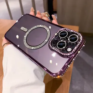 Clear glitter bling luxury diamonds magnetic wireless charging phone case for iPhone 15 14 13 12 11 Pro max