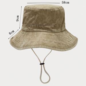 2025 New Arrival Solid Color Wide Brim Fisherman Hat Retro Washed Denim Casual <b>Sunscreen</b> 58cm Cowboy Hat with Windproof String - Product Image 3
