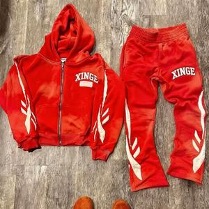 Conjunto Deportivo Personalizado con Lavado Ácido, Traje de Algodón para Correr, Sudadera Bordada, Pantalones Deportivos Acampanados y Sudadera con Capucha, Conjunto Deportivo Desgastado para Hombre - Product Image 1