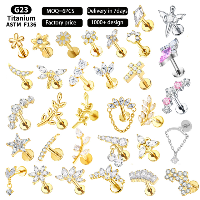 Gaby ASTM-F136 Titanium Zircon De Titanio Tragus Helix Daith Lobe Flat Back Earrings Internal Thread Labret Piercing Jewelry