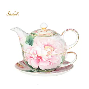 Stechcol Chinese Ceramic Tea for One Set Fine Bone China Tea for One Teapot with Cups and Saucers