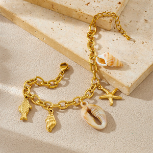 Ocean Style Gold Plated Charm Bracelet With Conch Carp Starfish Seashell Pendant Women's Jewelry - Product Image 3