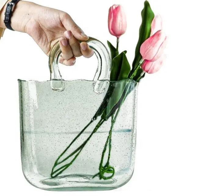 फूलों के लिए 10 इंच का स्पष्ट बटुआ, रचनात्मक पारदर्शी कांच के बैग vase अद्वितीय हैंडबैग फूलदान पर्स मछली कटोरा