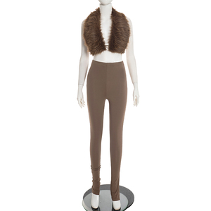 Viviblook J26ST383 Ensemble femme automne nouveau sexy sans manches dos nu haut en fourrure pantalon slim deux pièces - Product Image 5