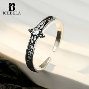 Unico Design annerimento Vintage S925 anello di apertura regolabile in <span class=keywords><strong>argento</strong></span> puro con petali di zircone da donna - Product Image 3