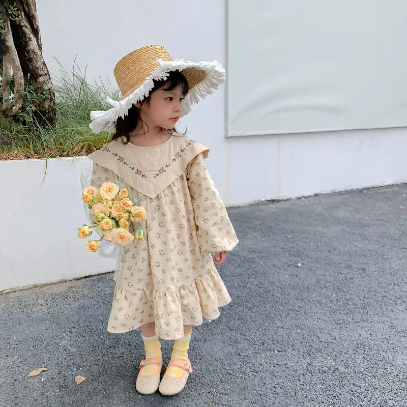 2023 Autumn Spring New Arrivals Children Girls Vintage Dress Long Sleeve Floral Pattern Kids A-line Dress Top Quality