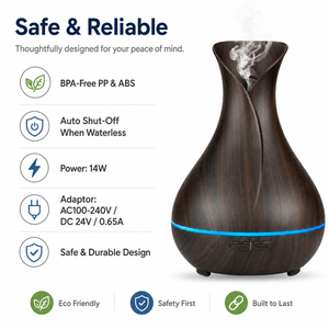 Diffuseur d'aromathérapie et humidificateur en noyer foncé 500 ml, 35 ml/h, LED 7 couleurs, minuterie 1/<span class=keywords><strong>3</strong></span>/6H, sans BPA, PP ABS, logo personnalisé, usine OEM - Product Image 5