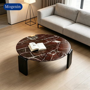 Elegant Modern Living Room Coffee Table Round Natural Marble <b>Top</b> with Wide <b>Solid</b> <b>Wood</b> Leg Center Tea Table - Product Image 1