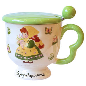 Taza de café de cerámica con tapa y cuchara, diseño de dibujos animados, para desayuno, uso doméstico, juego de una sola taza - Product Image 1