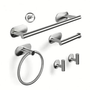 Ensemble d'accessoires de salle de bain en argent, 6 pièces, à fixer au mur, comprenant un porte-papier toilette, un anneau porte-serviette, une barre porte-serviette et un crochet mural - Product Image 1