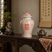 Pot à gingembre de style antique, motif pivoine rouge corail complexe, double bonheur, avec couvercle, pour décoration de table de mariage