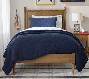 <span class=keywords><strong>Lit</strong></span> simple en bois massif rétro avec tissage en bois, matelassage géométrique bleu marine, <span class=keywords><strong>lit</strong></span> simple simple pour chambre de garçons - Product Image 1