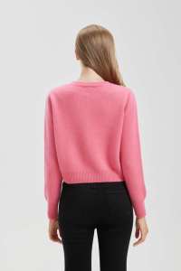 Women's Pink Knitted <b>Short</b> Crop <b>Cardigan</b> Full <b>Sleeve</b> Crew Neck Button Closure Casual Winter Wear 100% Pure Cashmere - Product Image 3