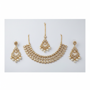 <b>Gold</b> Plated Alloy Pearl Bridal Shadow Choker Necklace <b>Set</b> Earrings Maang Tikka Ethnic Handmade High Quality Latest Wedding Party - Product Image 2