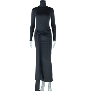 <span class=keywords><strong>Robe</strong></span> longue unie à col montant et manches longues respirante avec ceinture à nouer à la taille pour femmes - Product Image 6