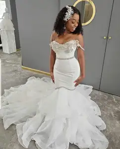 Strapless Organza Ruffles Beaded Pure White Mermaid Wedding Gowns 2021 Plus Size Wedding Dresses