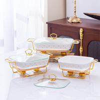 Casserole en céramique rose blanc vert pour plats chauffante Casserole en porcelaine pour buffet avec support doré