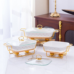 สีชมพูสีขาวสีเขียวเซรามิคอาหารกระทะ Chafing จานหม้อชุดจาน Chafing เครื่องลายครามสําหรับบุฟเฟ่ต์พร้อมขาตั้งสีทอง - Product Image 2