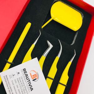 Pinzas de extensión de pestañas de acero sostenible con recubrimiento en polvo amarillo con logotipo personalizado, aplicador de modelo profesional de espejo de pestañas - Product Image 3