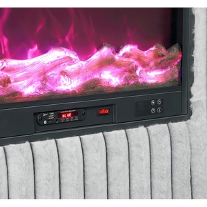 Base de Cama Queen Moderna de Lujo con Cabecero Wingback, Chimenea Eléctrica Integrada, Altavoz, Tapizada en Madera de Ingeniería y Corduroy Gris - Product Image 3