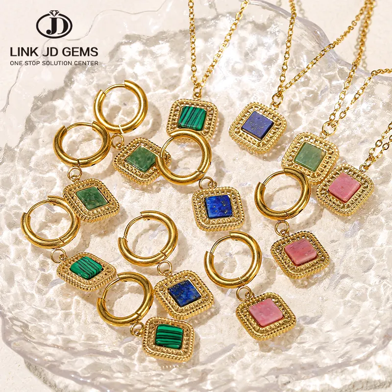 Jd đá quý bán quý đá vòng cổ bông tai đặt tự nhiên Rhodochrosite Lapis Lazuli Malachite vuông thép không gỉ trang sức Set