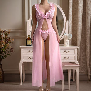 Chuangerm Yeni Seksi Dantel İşlemeli Gecelik Şeffaf Yırtmaçlı Gecelik Elbise G-string Seti Zarif Askılı Pembe İç Çamaşırı Kadınlar İçin - Product Image 3