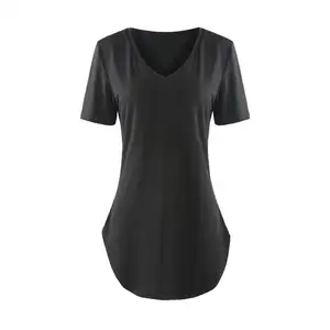 Custom top quality women v neck longline loose fit v neck t-shirt