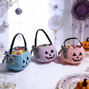 Sacs à bonbons d'Halloween en forme de <span class=keywords><strong>citrouille</strong></span>, paniers de bonbons pastel Jack-o'-lantern avec nœud en ruban, seaux à bonbons d'Halloween pour enfants - Product Image 1