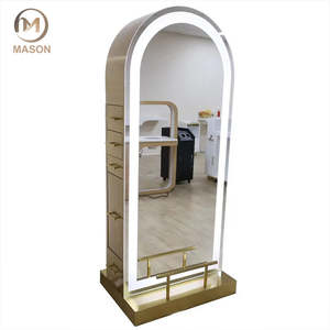 Estación de espejo de barbero LED de doble cara Diseño de arco de madera con iluminación impermeable ajustable, muebles de estilo de salón Premium - Product Image 3