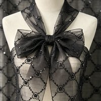 Tissu en tulle rayé noir A955 avec broderie de perles et de sequins en forme de losange pour robes de soirée sombres