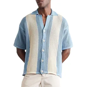 Summer Contrast Color Short Sleeve Mesh Knit Cardigan Men's T-Shirt