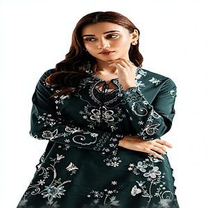 Women’s Embroidered Traditional Muslim <b>Kurta</b>, Elegant Floral Embroidery Long Sleeve Ethnic Wear Premium Green Casual <b>Dress</b> wear - Product Image 2