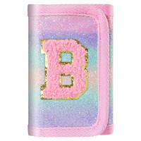Dompet Lipat Tiga Anak A-Z dengan Glitter, Pelangi Gradasi, Patch Huruf Bulu, Dompet Koin untuk Siswi, Penutup Velcro, Hadiah
