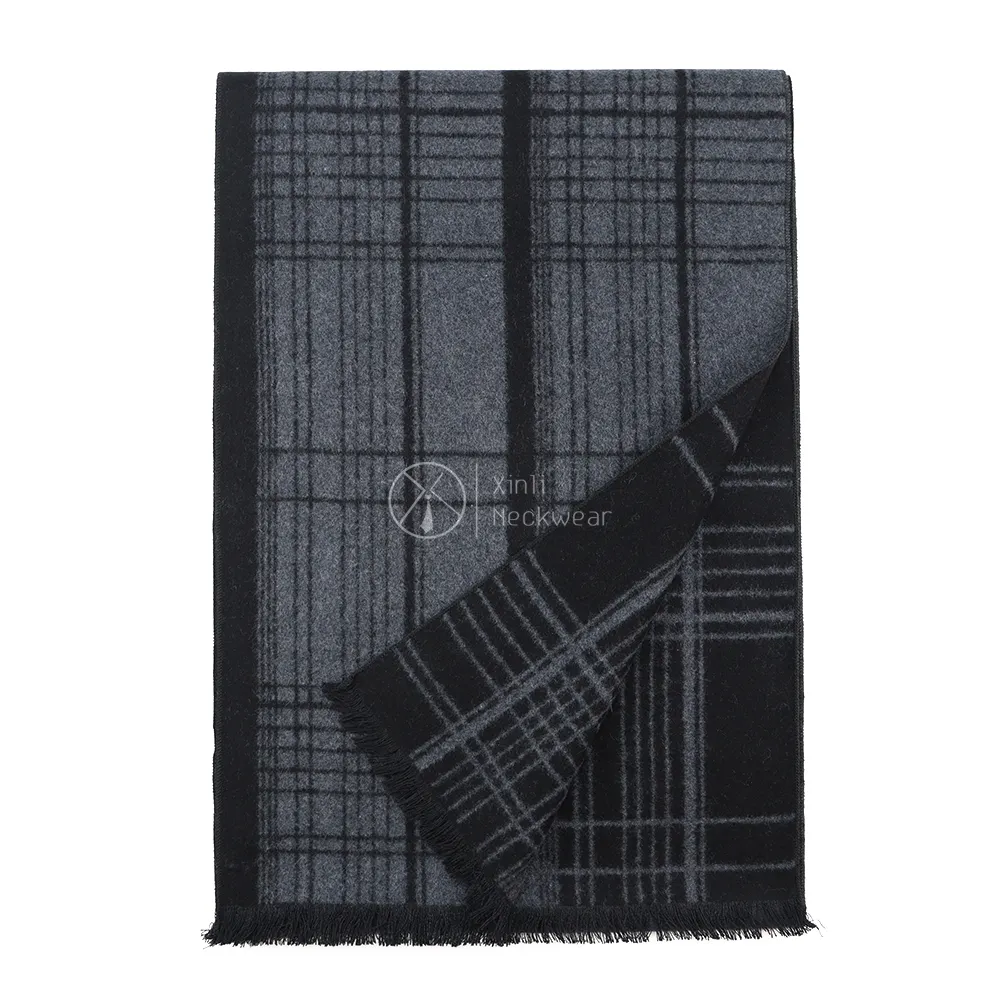 Vintage Black Grey Geometric Jewish Shabbat Shalom Silk Scarves Classic Winter Long Tassel Woven Jacquard Mens Plaid Scarf