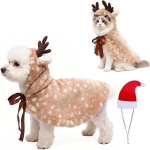 Costume de Noël pour chien renne en fausse fourrure, taille petite/moyenne, tenue de Noël mignonne pour animaux de compagnie avec bonnet de Père Noël pour chiens et chats - Product Image 1