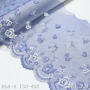 Embroidery Lace Dark Blue Mesh Lace Flower Border Lace 24cm Polyester Nylon Fabric